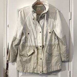 LOFT  Cotton Linen Anorak Nautical Utility Jacket Size L Pkts Drawstrings Tan